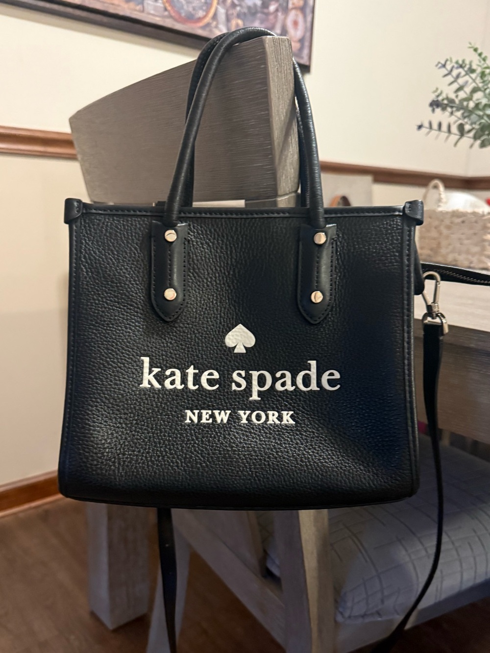 kate spade Black Pebbled Leather tote with White Logo